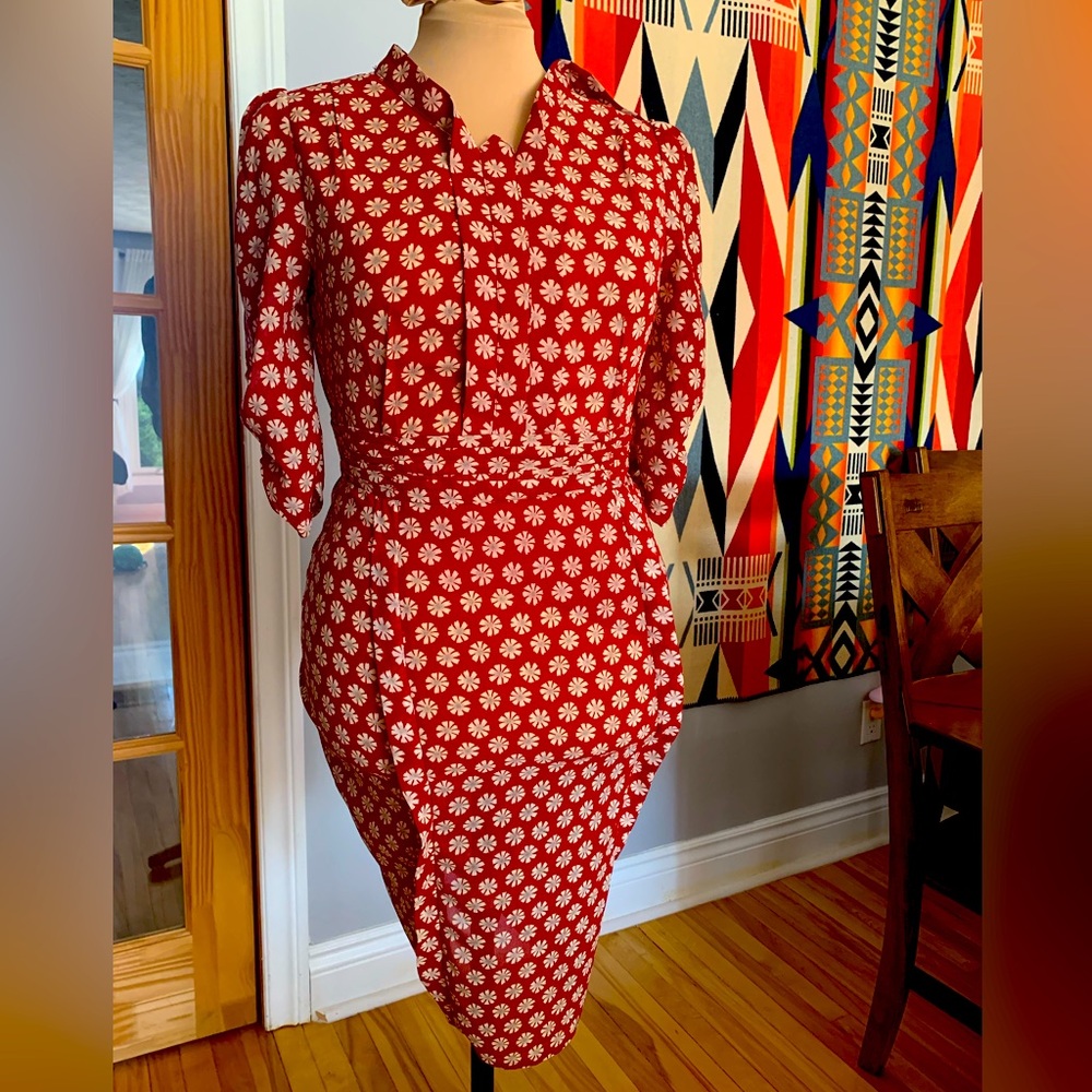 Red floral midi-dress with placket detail and ruched “belt”